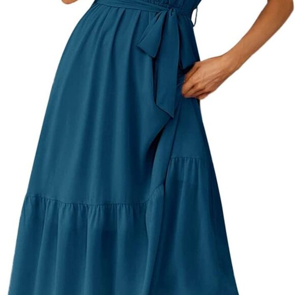 Women's Summer Floral Boho Maxi Dress Wrap Short Sleeve V Neck Ruffle A-Line Flo